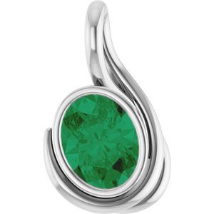 14K White Gold Oval 9 X 7 Mm Lab Grown Emerald Pendant