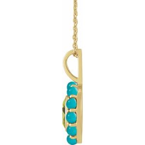 14K Yellow Gold Oval 7 X 5 Mm Natural Peridot And Natural Turquoise Cabochon Halo-Style Necklace, Length: 18 In