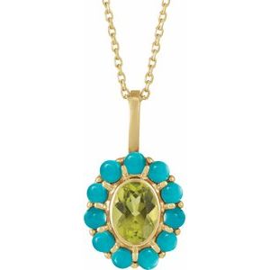 14K Yellow Gold Oval 7 X 5 Mm Natural Peridot And Natural Turquoise Cabochon Halo-Style Necklace, Length: 18 In