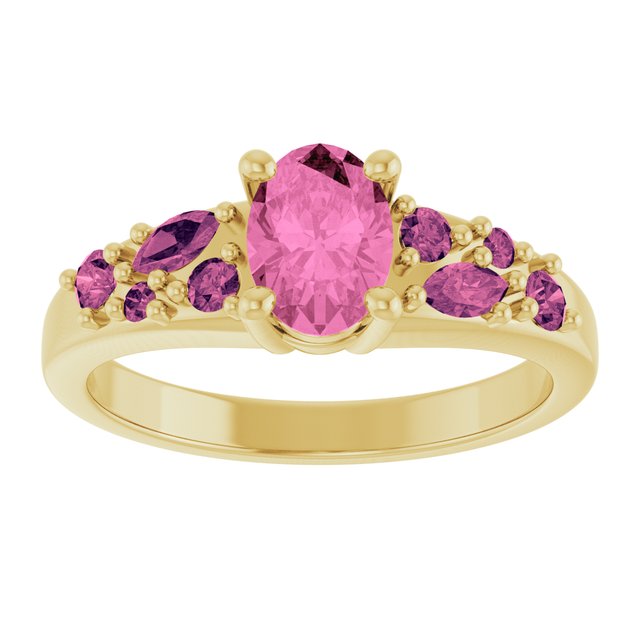 14K Yellow Gold Oval 7 X 5 Mm Polished Lab-Grown Pink Sapphire And Natural Pink Tourmaline Ring, Size 7