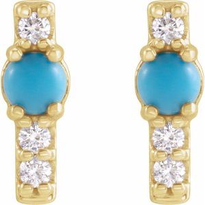 14K Yellow Gold Round 4 Mm Natural Turquoise And 1/5 Ctw Natural Diamond Cabochon Bar Earrings