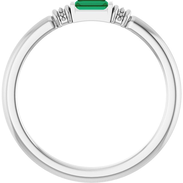 Sterling Silver Straight Baguette 4 X 2 Mm Polished Lab-Grown Emerald Stackable Ring, Size 7
