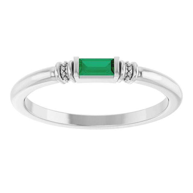 Sterling Silver Straight Baguette 4 X 2 Mm Polished Lab-Grown Emerald Stackable Ring, Size 7