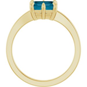 14K Yellow Gold Emerald 7 X 5 Mm Polished Natural London Blue Topaz 6-Prong Solitaire Ring Size 7