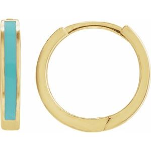 14K Yellow Gold 12.1 Mm Light Turquoise Enamel Hoop Earrings, Thickness: 2 Mm