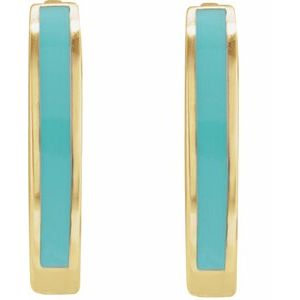 14K Yellow Gold 12.1 Mm Light Turquoise Enamel Hoop Earrings, Thickness: 2 Mm