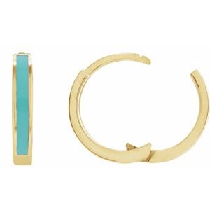 14K Yellow Gold 12.1 Mm Light Turquoise Enamel Hoop Earrings, Thickness: 2 Mm