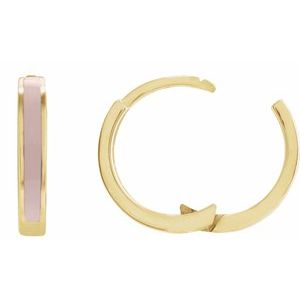 14K Yellow Gold 12.1 Mm Light Pink Beige Enamel Hoop Earrings, Thickness: 2 Mm
