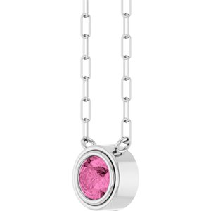14K White Gold Round 5 Mm Natural Pink Sapphire Bezel-Set Necklace, Length: 18 In