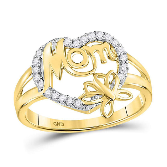 10K Yellow Gold Womens Round Diamond Mom Heart Butterfly Ring 1/6 Cttw, Womens Size: 5-10