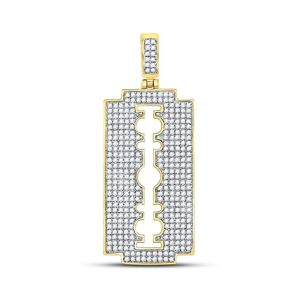 10K Yellow Gold Mens Round Diamond Razor Blade Charm Pendant 1 Cttw