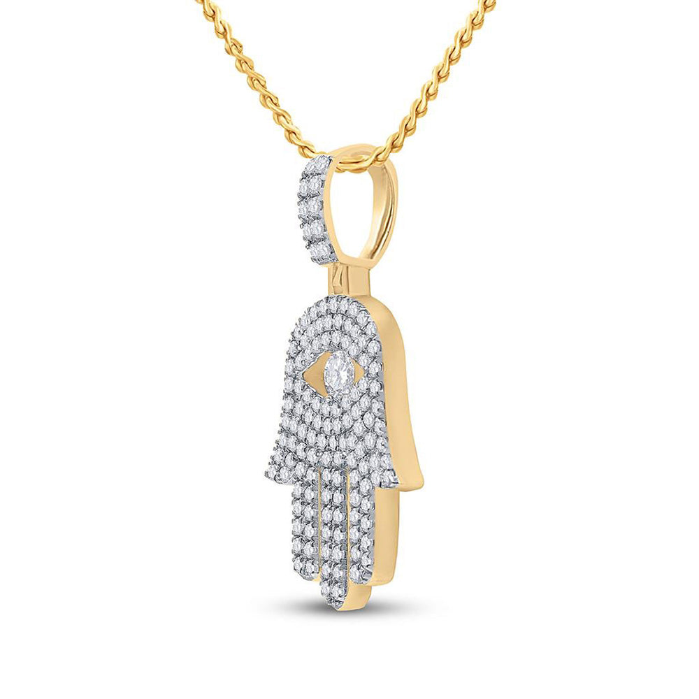 10K Yellow Gold Mens Round Diamond Hamsa Hand Charm Pendant 1 Cttw, Length: 1.26 In, Width: 0.67 In