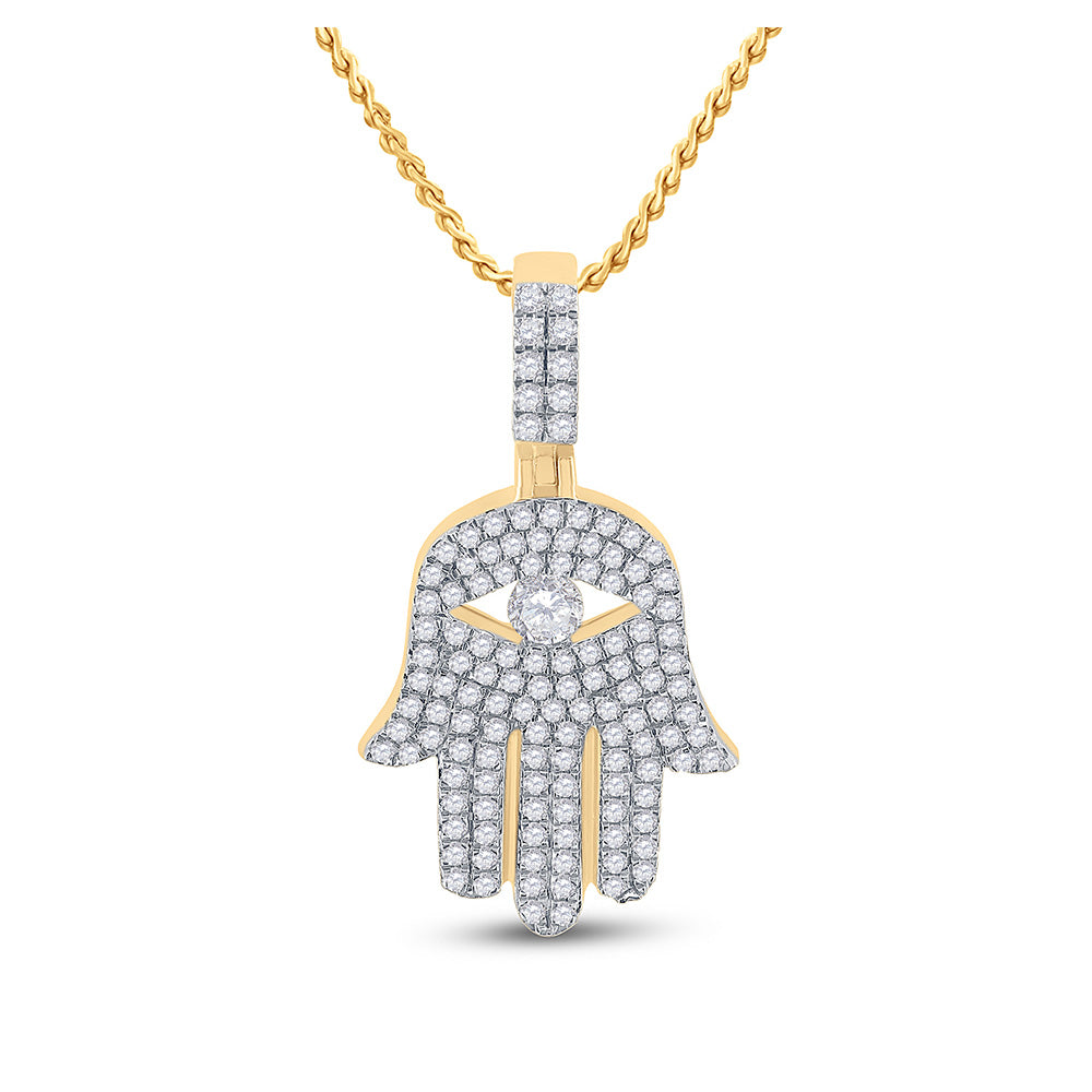 10K Yellow Gold Mens Round Diamond Hamsa Hand Charm Pendant 1 Cttw, Length: 1.26 In, Width: 0.67 In