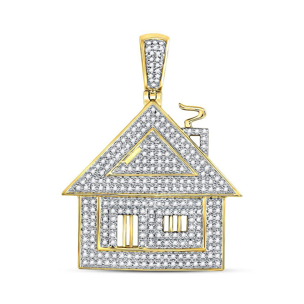 10K Yellow Gold Mens Round Diamond Trap House Charm Pendant 3/4 Cttw, Length: 1.25 In