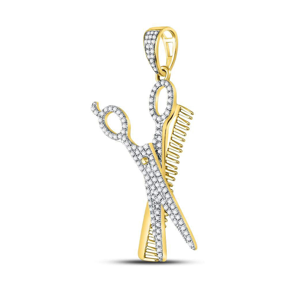 10K Yellow Gold Mens Round Diamond Scissors Comb Barber Charm Pendant 3/4 Cttw, Length: 1.97 In, Width: 0.65 In