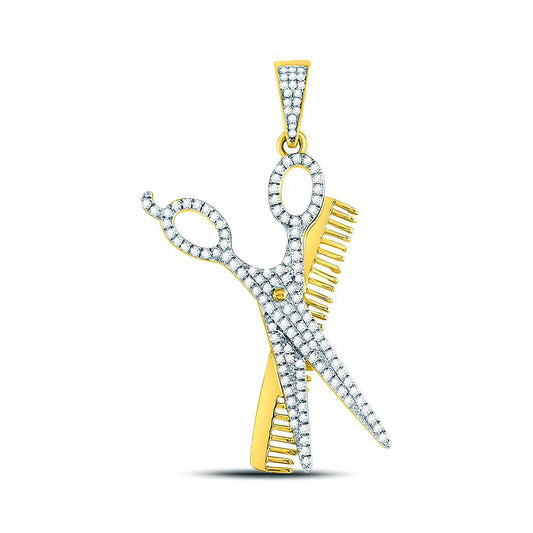 10K Yellow Gold Mens Round Diamond Scissors Comb Barber Charm Pendant 3/4 Cttw, Length: 1.97 In, Width: 0.65 In