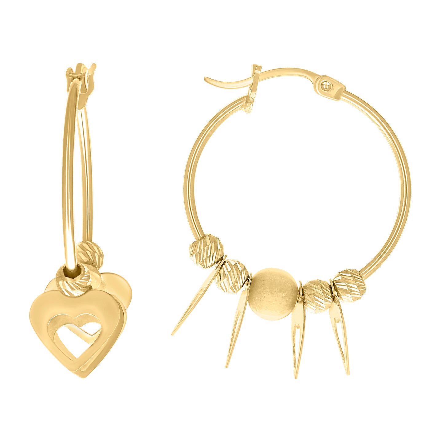 10K Yellow Gold Womens Heart Beaded Hoop Earrings