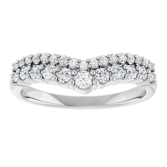 14K White Gold Round Polished 3/8 Ctw Natural Diamond Double Row Contour Band, Size 7