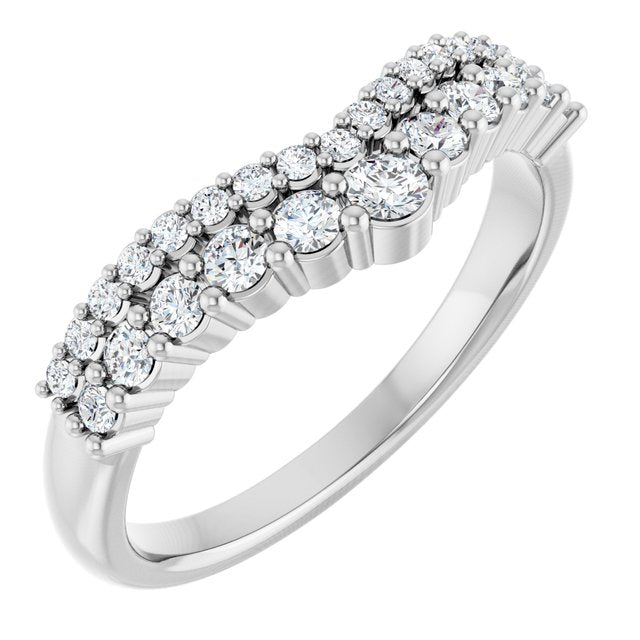 14K White Gold Round Polished 3/8 Ctw Natural Diamond Double Row Contour Band, Size 7