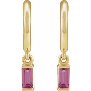 14K Yellow Gold Pair Straight Baguette Shape 4 X 2 Mm Natural Pink Tourmaline Dangle Hoop Earrings, Length: 17.6 Mm, Thickness: 4.6 Mm