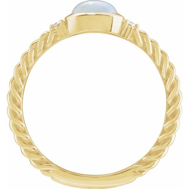 14K Yellow Gold Oval 8 X 6 Mm Polished Natural White Opal Cabochon And .03 Ctw Natural Diamond Rope Ring, Size 7