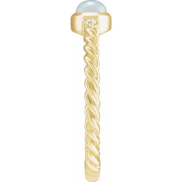 14K Yellow Gold Oval 8 X 6 Mm Polished Natural White Opal Cabochon And .03 Ctw Natural Diamond Rope Ring, Size 7