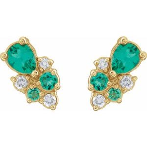 14K Yellow Gold Pear 4 X 3 Mm Lab-Grown Emerald And .07 Ctw Lab-Grown Diamond Cluster Stud Earrings