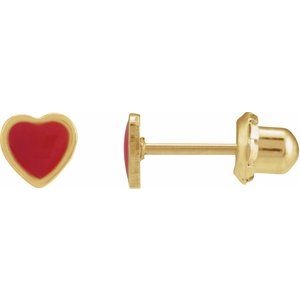 24K Yellow Gold-Plated Stainless Steel 5.1 X 4.8 Mm Pair Piercing Backs Included Polished Red Enamel Heart Piercing Stud Earrings