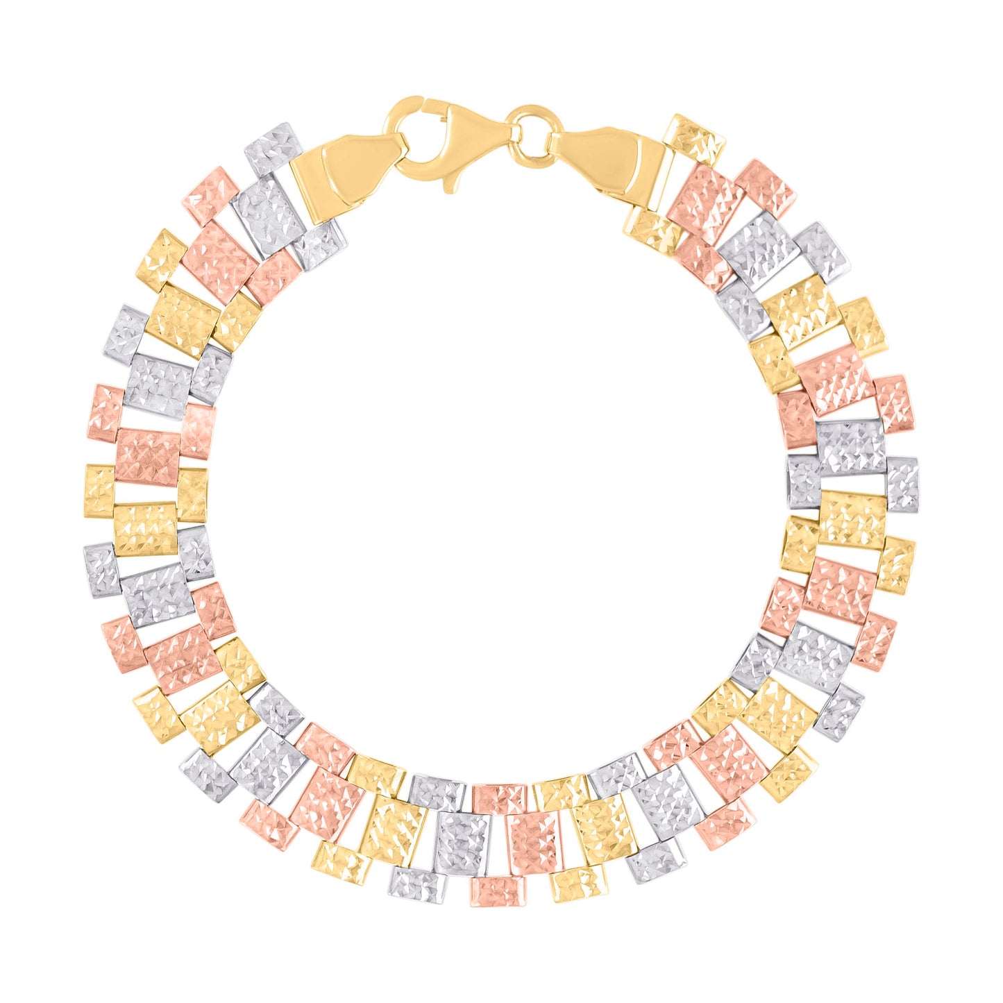 10K Tri-Color Gold Womens Diamond-Cut Fashion Link Bracelet Size 7.5 Inches