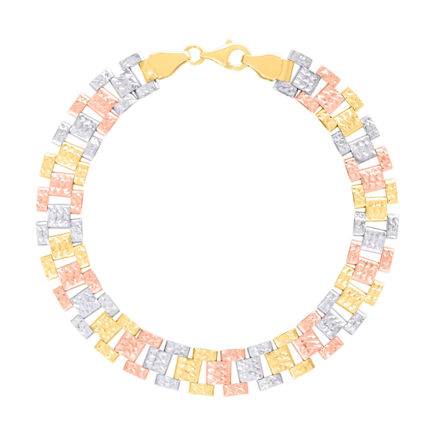 10K Tri-Color Gold Womens Diamond-Cut Fashion Link Bracelet Size 7.5 Inches