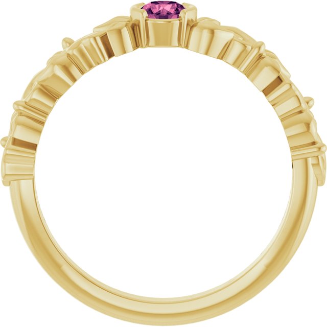 14K Yellow Gold Round 3.5 Mm Polished Natural Pink Tourmaline Half Bezel Floral Ring, Size 7