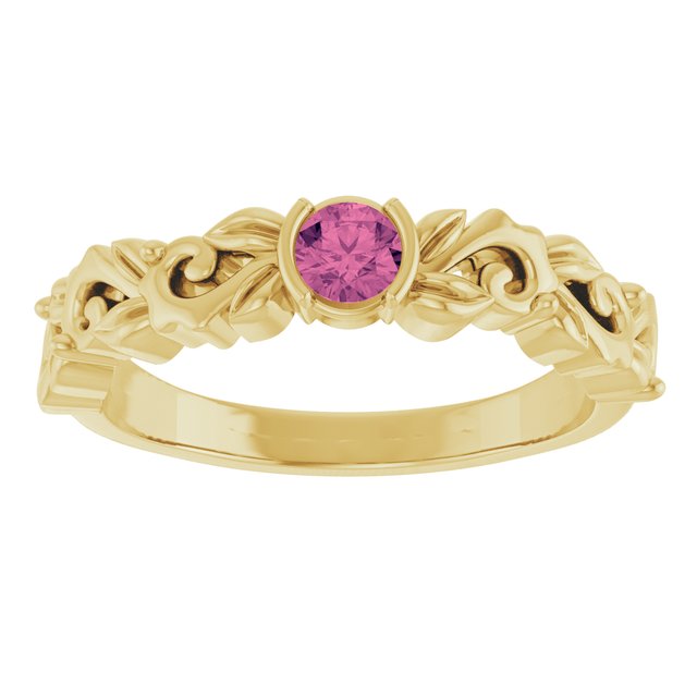 14K Yellow Gold Round 3.5 Mm Polished Natural Pink Tourmaline Half Bezel Floral Ring, Size 7