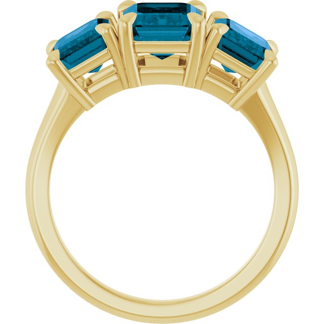 14K Yellow Gold Emerald 8 X 6 Mm Polished Natural London Blue Topaz Three-Stone Ring, Size 7