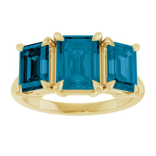 14K Yellow Gold Emerald 8 X 6 Mm Polished Natural London Blue Topaz Three-Stone Ring, Size 7