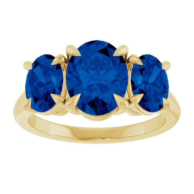 14K White Or Yellow Gold Oval 9 X 7 Mm Polished Lab-Grown Blue Sapphire Three-Stone Ring, Size 7