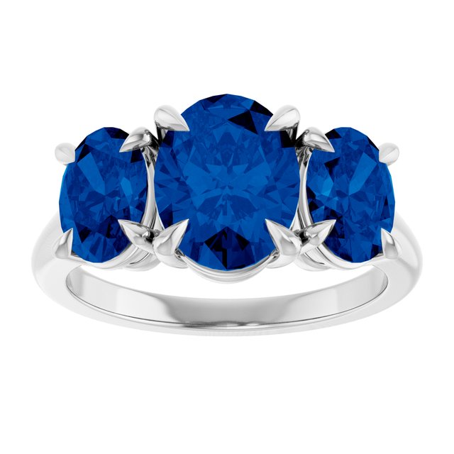 14K White Or Yellow Gold Oval 9 X 7 Mm Polished Lab-Grown Blue Sapphire Three-Stone Ring, Size 7