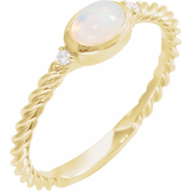 14K Yellow Gold Oval 8 X 6 Mm Polished Natural White Opal Cabochon And .03 Ctw Natural Diamond Rope Ring, Size 7
