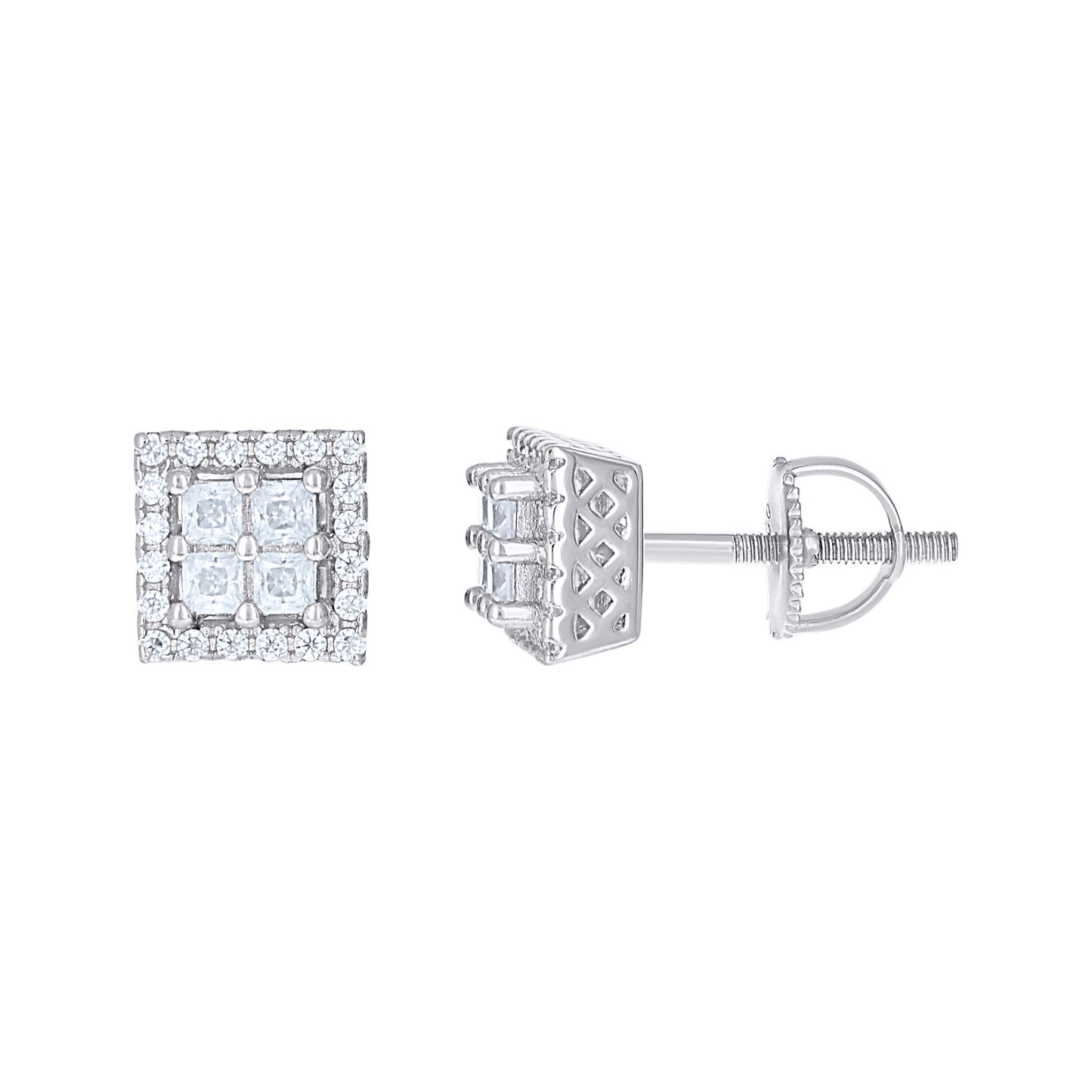 Sterling Silver Or Yellow-Tone Womens Princess-Cut Round Moissanite Square Fashion Stud Earrings