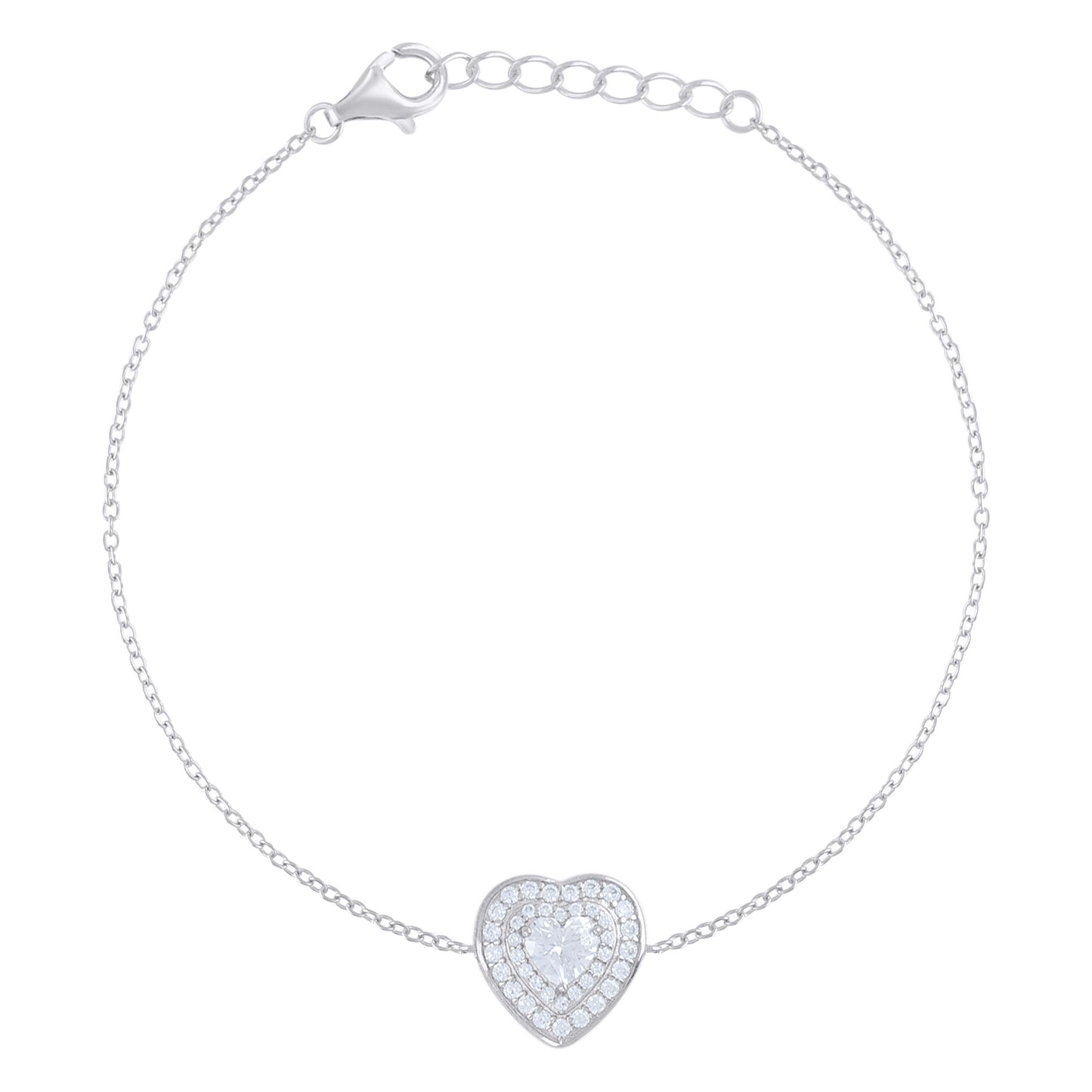 Sterling Silver Womens Heart Round Cubic-Zirconia Heart Charm Bracelet