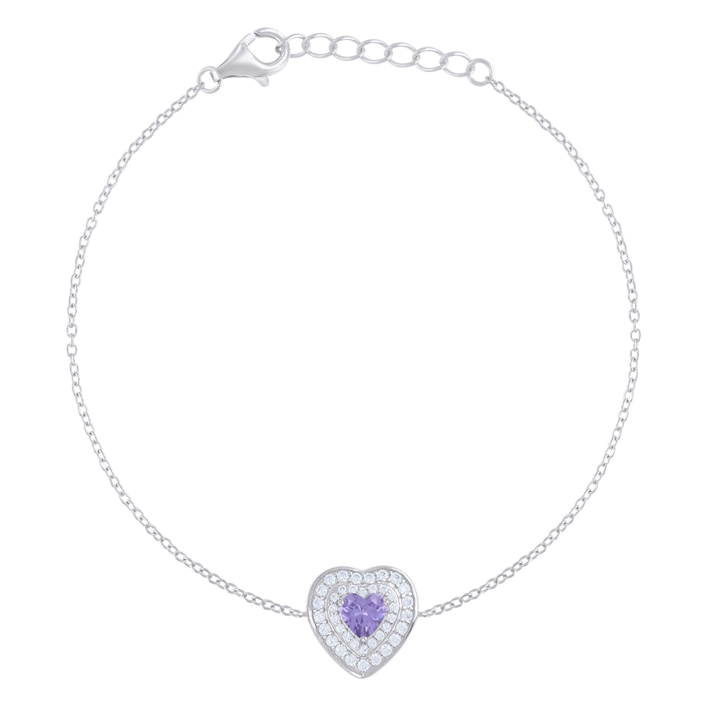 Sterling Silver Womens Heart Round Cubic-Zirconia Heart Charm Bracelet