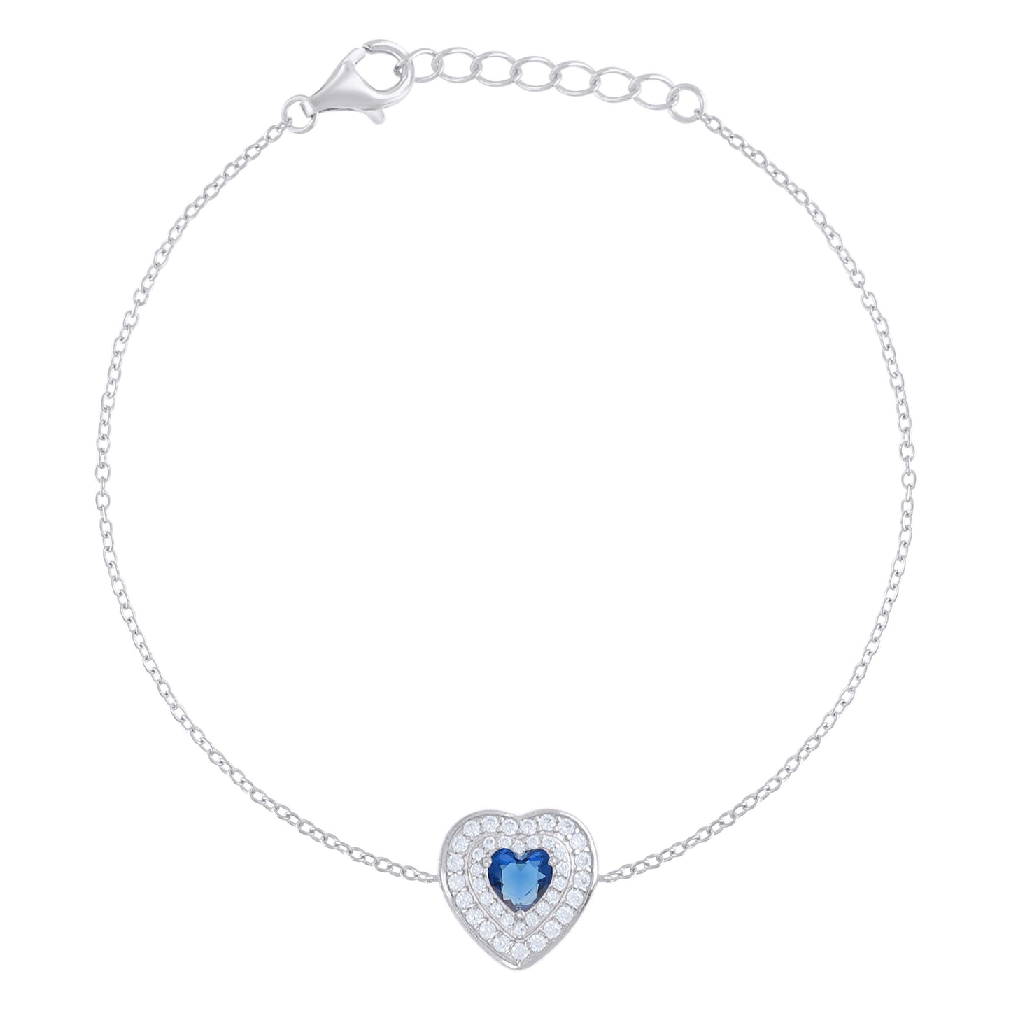 Sterling Silver Womens Heart Round Cubic-Zirconia Heart Charm Bracelet
