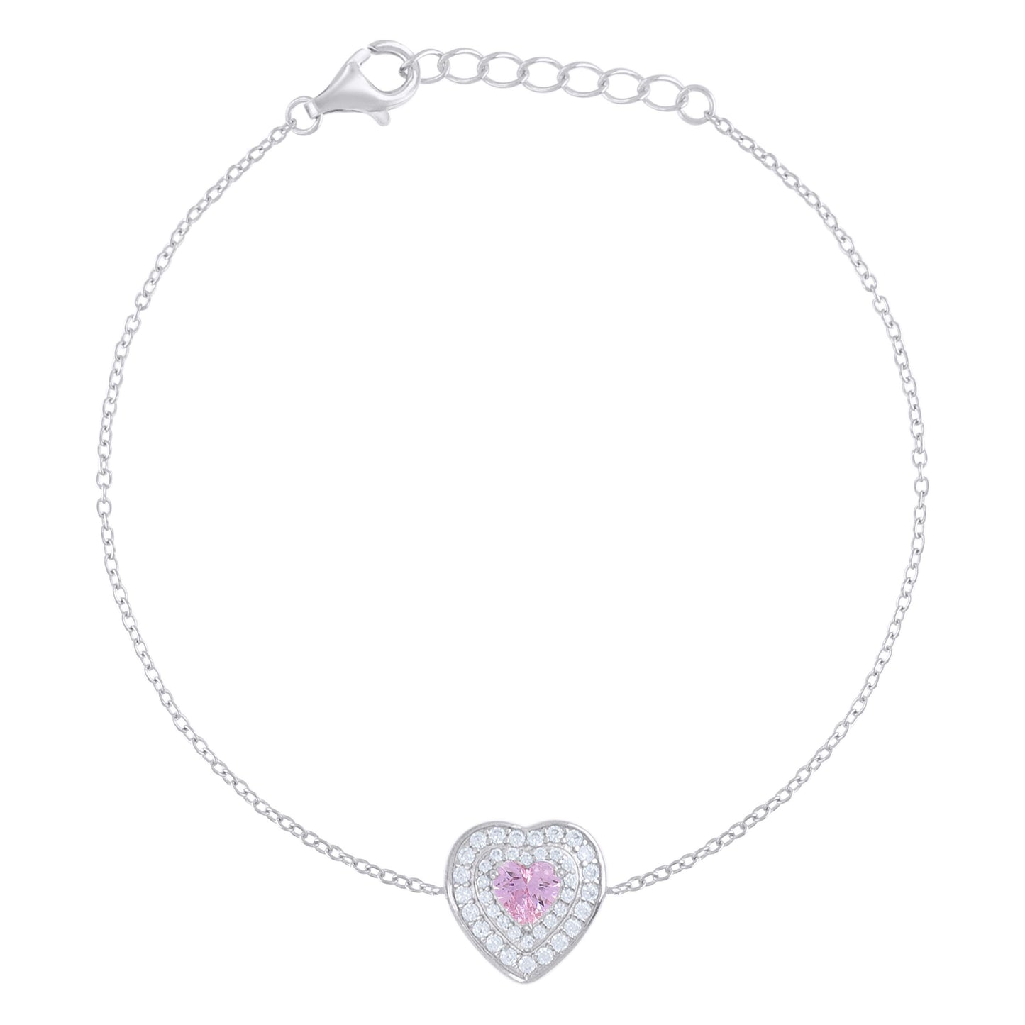 Sterling Silver Womens Heart Round Cubic-Zirconia Heart Charm Bracelet