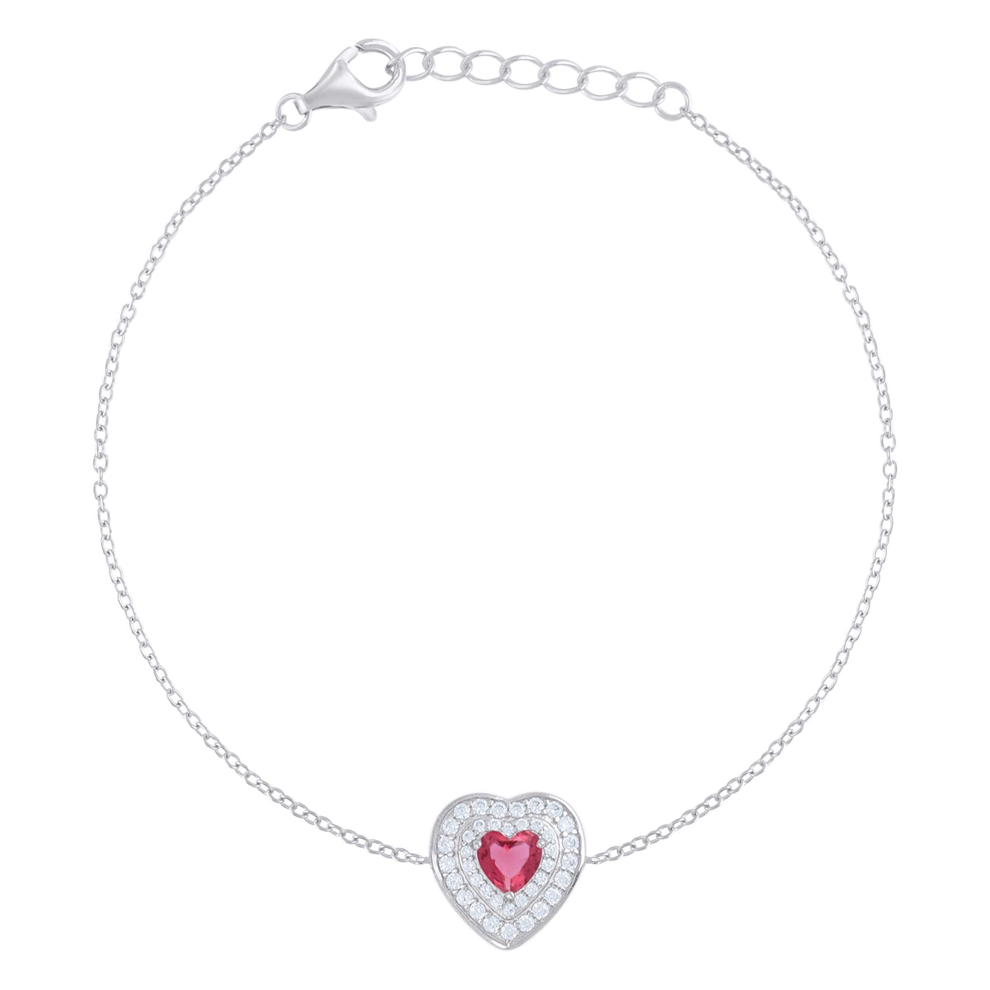 Sterling Silver Womens Heart Round Cubic-Zirconia Heart Charm Bracelet