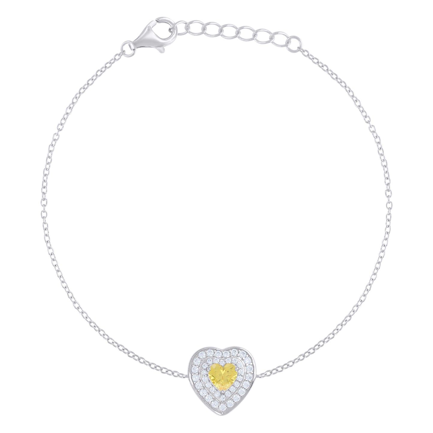 Sterling Silver Womens Heart Round Cubic-Zirconia Heart Charm Bracelet