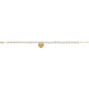 14K Yellow Gold Pearl 5-5.5 Mm Cultured Freshwater Pearl Bracelet With Heart Dangle, Length: 8 In