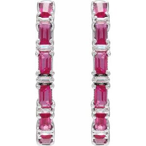 14K White Gold Straight Baguette 3.5 X 1.8 Mm I1, G-H Polished Natural Ruby And 1 1/4 Ctw Natural Diamond Hoop Earrings