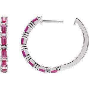 14K White Gold Straight Baguette 3.5 X 1.8 Mm I1, G-H Polished Natural Ruby And 1 1/4 Ctw Natural Diamond Hoop Earrings