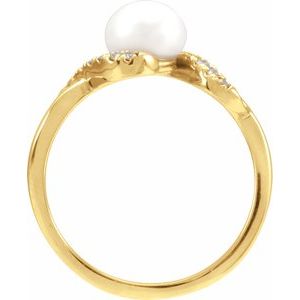 14K Yellow Gold Cultured White Freshwater Pearl Pearl 6.5 Mm Natural Diamond Polished Freshwater Pearl And 1/8 Ctw Natural Diamond Ring Size 7