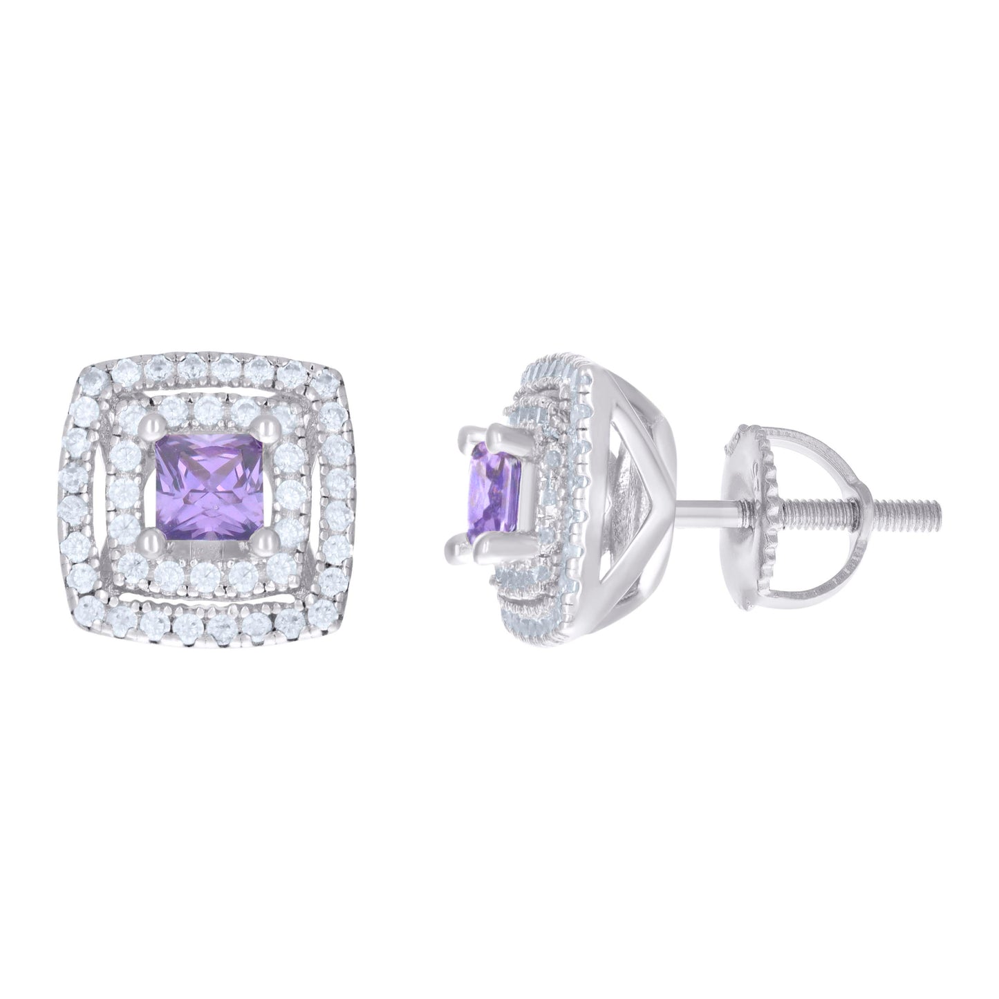 Sterling Silver Womens Cubic Zirconia Halo Square Stud Earrings