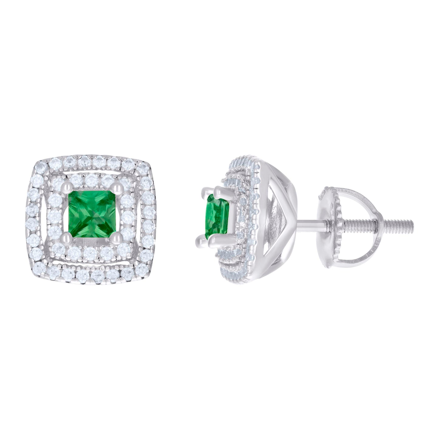 Sterling Silver Womens Cubic Zirconia Halo Square Stud Earrings